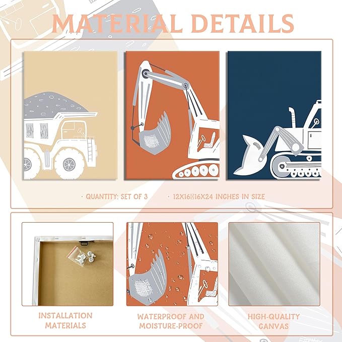 AKWISH Framed Nursery Construction Truck Wall Art Set of 3 – Cute Excavator Tractor Dump Truck Canvas Prints, Boys Bedroom and Baby Room Wall Decor, Playroom Vehicle Artwork – 16x24in