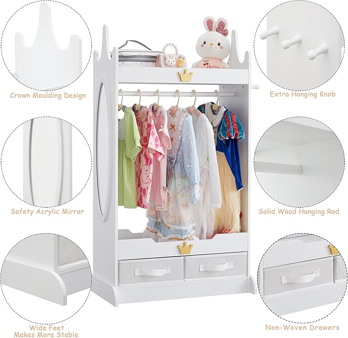 Kids Dress Up Storage with Mirror, Kids Armoire with Non-Woven Drawers, Open Costume Closet with Hanging Rack for Toddlers (White)