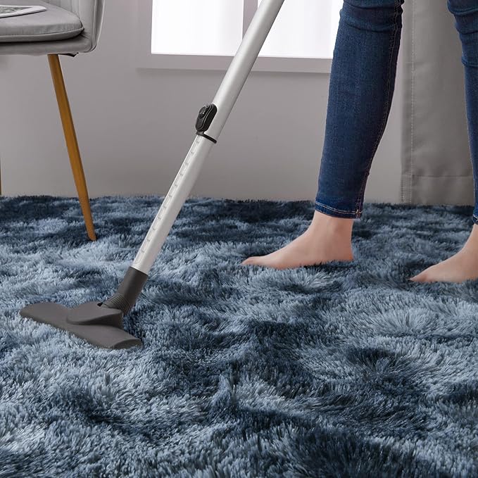 DweIke Fluffy Blue Grey Rugs for Bedroom Living Room, 8x10 Large Soft Plush Shaggy Tie-Dyed Navy Blue Gray Girls Boys Kids Rug, Upgraded Non-Slip and Machine Washable Carpet for Dorm Nursery Decor