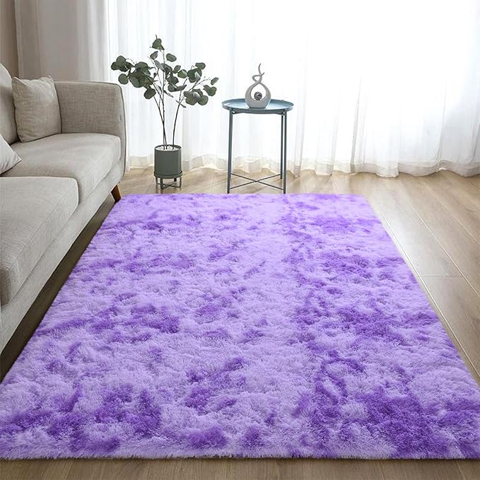 DweIke Fluffy Purple Shag Rugs for Bedroom Living Room, 3x5 Feet Soft Plush Tie-Dyed Light Purple Girls Boys Kids Rug, Upgraded Non-Slip and Machine Washable Carpet for Dorm Nursery Classroom Decor