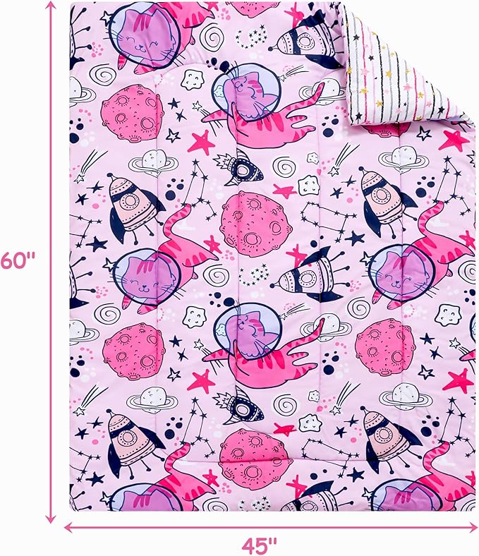 Mooreeke 4 Pieces Toddler Bedding Set - Pink Cute Space Cat Toddler Comforter Sets for Girls, Includes Comforter, Flat Sheet, Fitted Sheet and Pillowcase, Bed in A Bag for Baby Bedroom