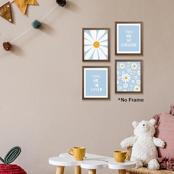 AEHIE Boho Blue Daisy Flower Decor Print, You Are My Sunshine Poster for Baby Girls Room Nursery, Bohemian Wall Art, Spring Aesthetic Floral Wall Art, 4pcs