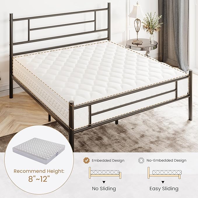 SHA CERLIN 14 Inch Queen Size Metal Bed Frame with Iron-Art Headboard and Footboard,Under Bed Storage Space,Platform Bed with Metal Slats Support,Easy Assembly,Noise Free,No Box Spring Needed,Black