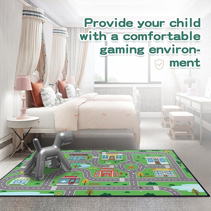 Play Rug for Playroom 59"x39" Car Mat Town City Road Map for Bedroom Fun Car Play Area Carpet Non-Slip Washable