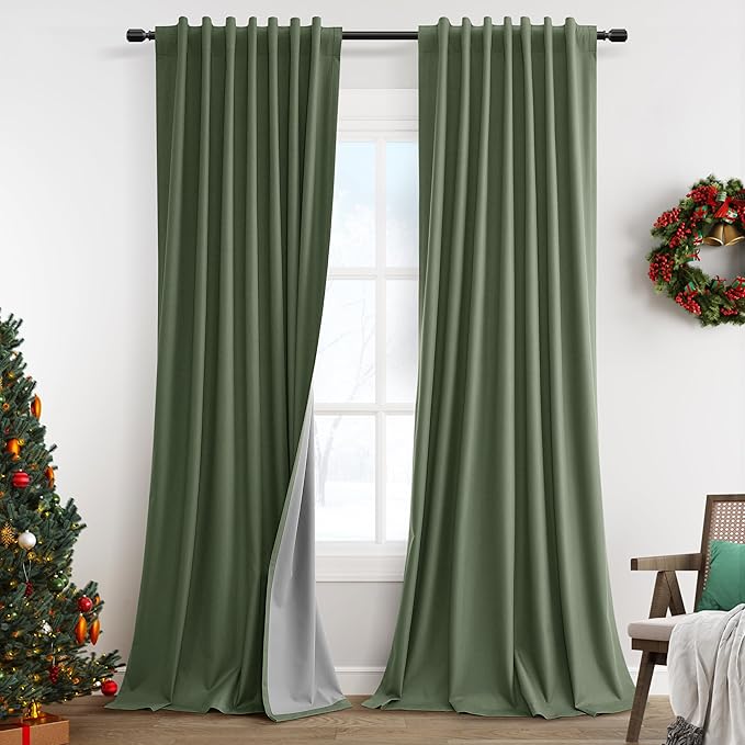 Olive Green 100% Blackout Linen Curtains for Living Room 100 Inches Long 2 Panels Set Back Tab Black Out Thermal Insulated Soundproof Privacy Curtain for Room Divider Patio Sliding Door 52x100