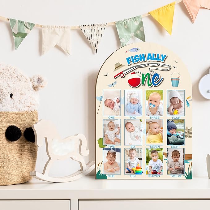 R HORSE My First Year Photo Display Wood Board - Baby’s First Year Picture Frame, 12 Months Milestone Board, 3D Fishing Neutral Baby Keepsake Gift One Year Old Birthday Nursery Decor for Girl Boy