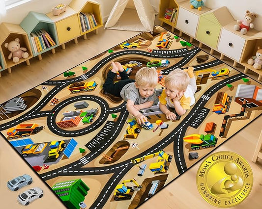 Kids 5x7 FT Construction Site Car Rug - Extra Thick (0.4in),Tufted Wool & Rubber, Non-Slip, Stain & Fade Resistant, Machine Washable, Rustic Cartoon Construction Site Pattern