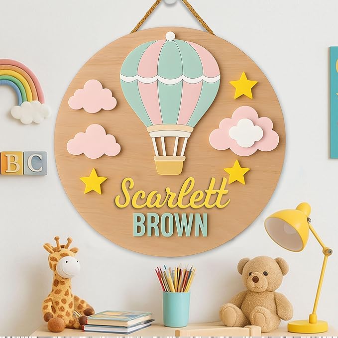 Hot Air Balloon Door Sign for Girls Room Decor – Custom Wooden Nursery Plaque with Stars and Clouds, Personalized Room Wall Decor with Baby Name Engraving