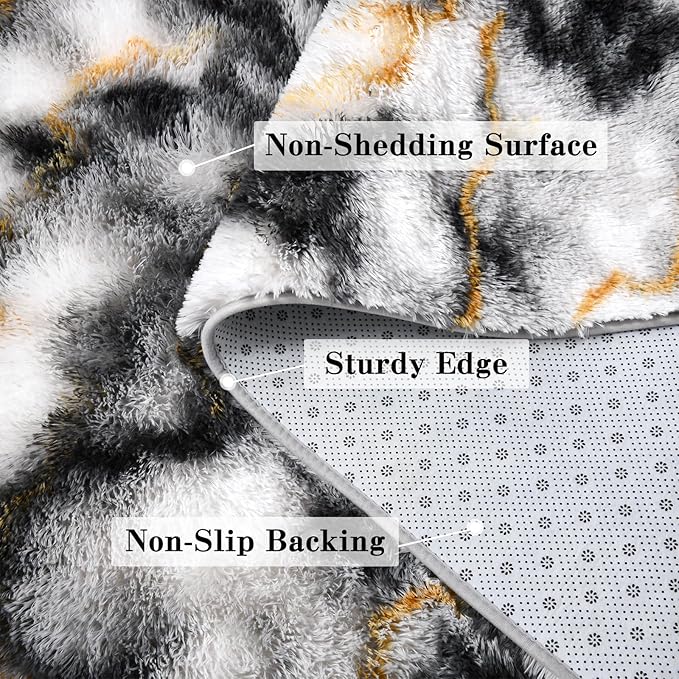 DweIke Fluffy Black White Gold Rugs for Bedroom Living Room, 5x8 Large Soft Plush Shaggy Tie-Dyed Girls Boys Kids Rug, Upgraded Non-Slip and Machine Washable Carpet for Dorm Nursery Classroom Decor