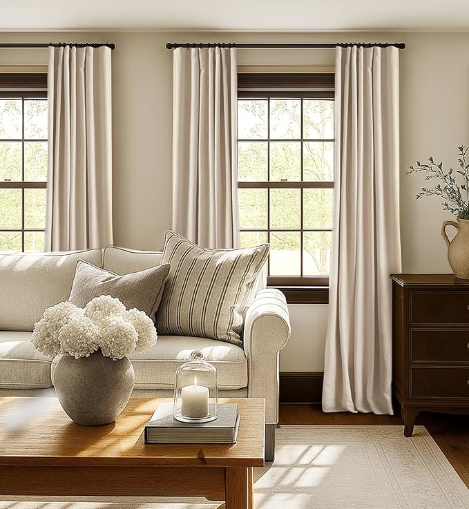 INOVADAY 100% Blackout Curtains for Bedroom, Black Out Curtains 63 Inch Long, Clip Rings Linen Blackout Drapes, Thermal Insulated Room Darkening for Living Room, 2 Panels - Oatmeal,W50xL63
