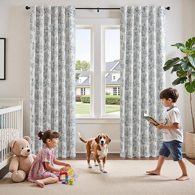 jinchan 95% Blackout Nursery Curtains 84 Inches Long, Bunny Woodland Toile Curtains Blue on Beige Animal Printed Drapes for Bedroom Rod Pocket Thermal Insulated Farmhouse Window Treatment 2 Panels