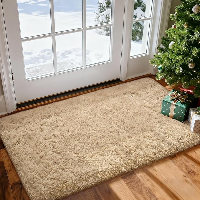 Merelax Fluffy Rug Shaggy Area Rug, Beige 2x4 Area Rugs for Bedroom, Small Kids Bedside Rug, Soft Non-Slip Entryway Throw Rugs for Living Room Bedroom Nursery Room Home Holiday Decor Aesthetic