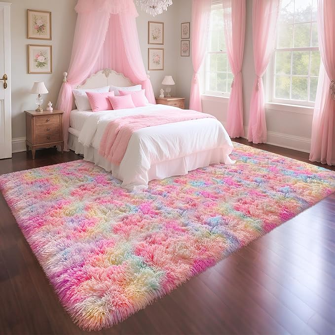 Rainbow Rugs 5x8 Ft Fluffy Plush Area Rugs for Girls Bedroom, Shaggy Rug for Kids Playroom, Kawaii Princess Fuzzy Rugs for Nursery Baby Toddler, Cute Colorful Room Decor for Girls Room