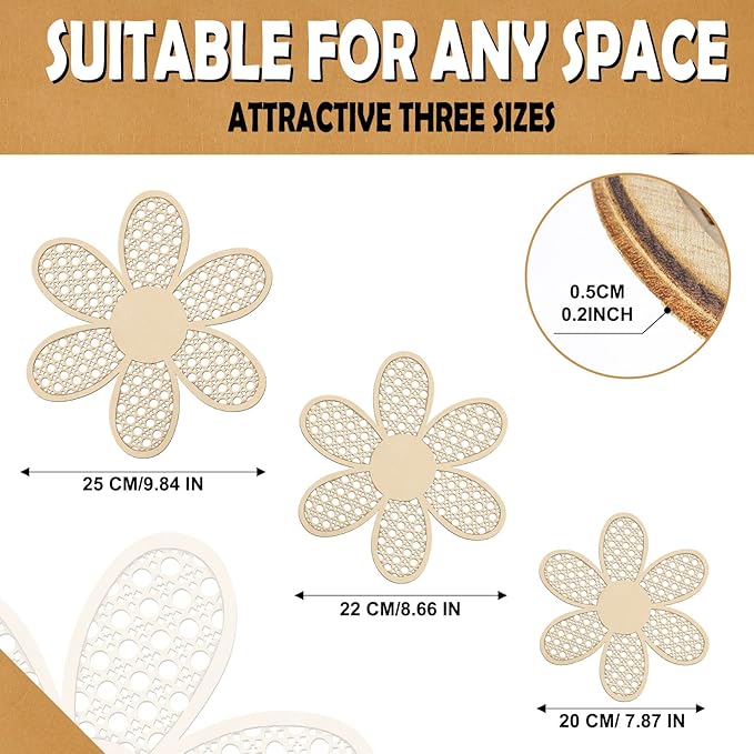 Maitys 3 Pieces Boho Daisy Wall Decor Natural Rattan Flower Wall Hanging Art Wooden Boho Art Nursery Flowers Farmhouse Hanging Decor for Home Office Nursery(Wooden Color)