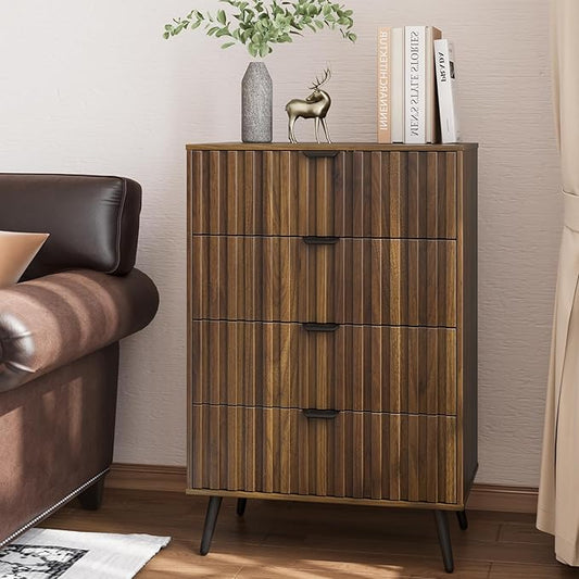 4 Drawer Dresser for Bedroom, Tall Fluted Dresser with Metal Feet, Wooden Storage Organizer Cabinet Chest of Drawer for Closet, Living Room, Hallway,Walnut