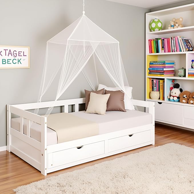 Alaterre Furniture Melody Twin to King Extendable Daybed with Trundle and Storage Drawers – Solid Pine Wood Kids Bed Frame with Headboard – Guest Bed for Boys, Girls, Toddlers, or Teens (White)