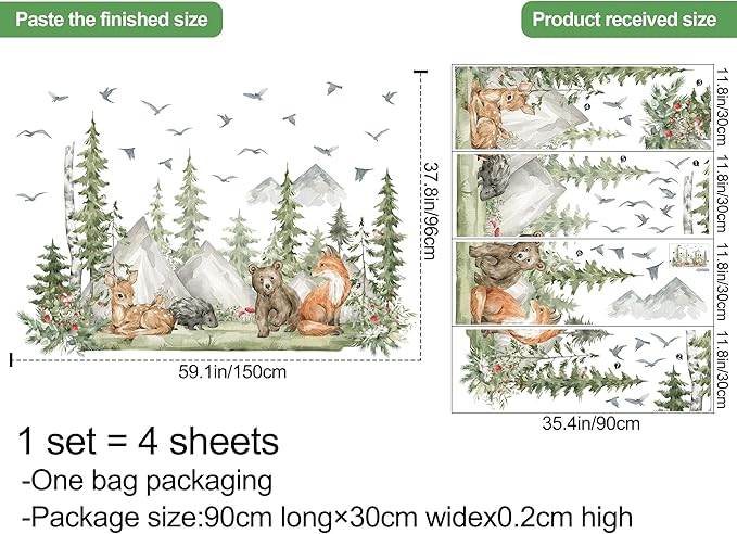 Large Jungle Animals Wall Decals Forest Tree Wall Decal Peel and Stick Woodland Bear Fox Deer Wall Stickers Giant Mountain Art for Bedroom Nursery Room MS230
