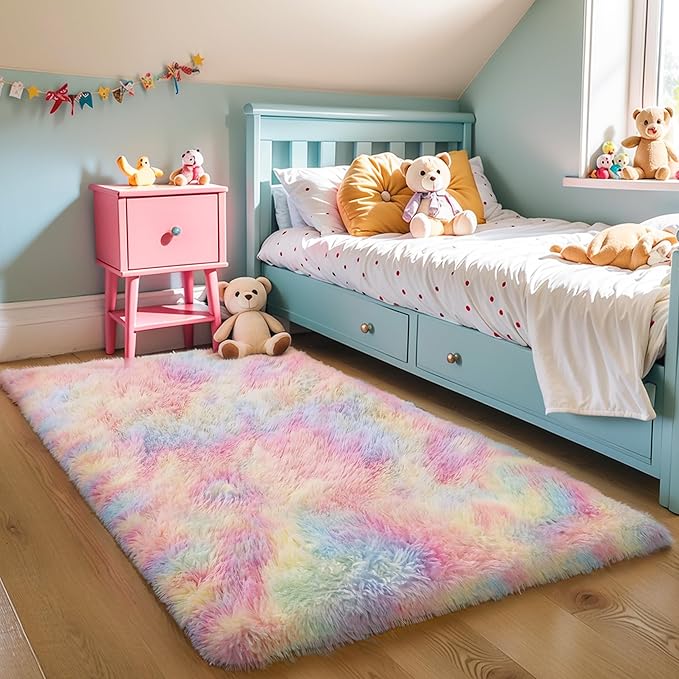 Thick Area Rug 5x7 Rainbow Fluffy Shag for Girls Bedroom,Ultra Soft Unicorn Plush Fuzzy Washable Thickened Non-Slip Carpet, Pastel Furry Shaggy Rug for Living Room Kids Boys Nursery Dorm