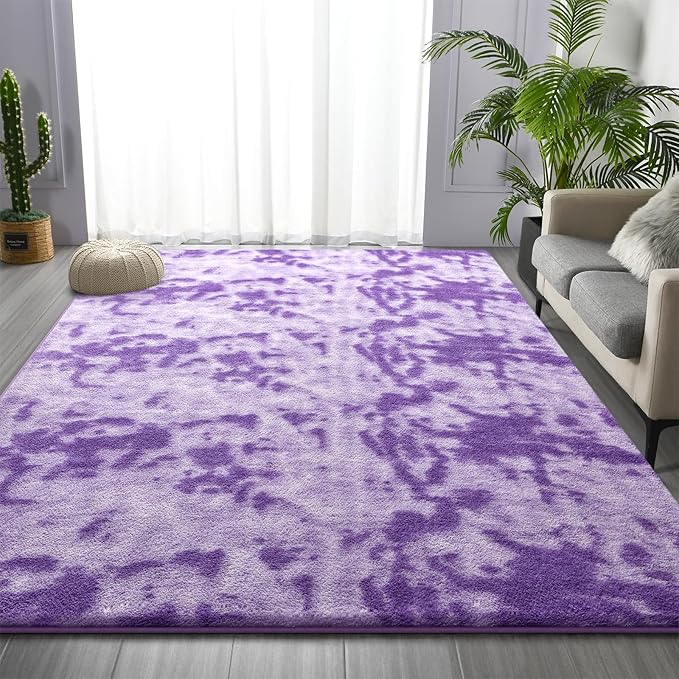 Large Area Rugs for Living Room, 7 x 10 Ft Soft Tie-Dyed Thickened Memory Foam Rug for Bedroom, Non-Slip Comfy Indoor Floor Carpets for Boys Girls Dorm Room Nursery Home Decor, Purple