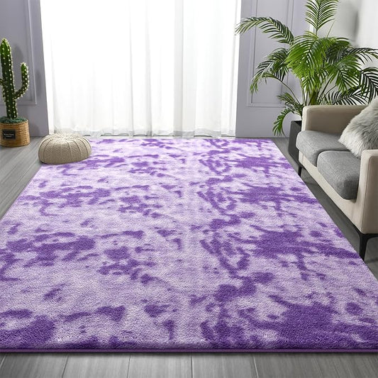 Large Area Rugs for Living Room, 7 x 10 Ft Soft Tie-Dyed Thickened Memory Foam Rug for Bedroom, Non-Slip Comfy Indoor Floor Carpets for Boys Girls Dorm Room Nursery Home Decor, Purple