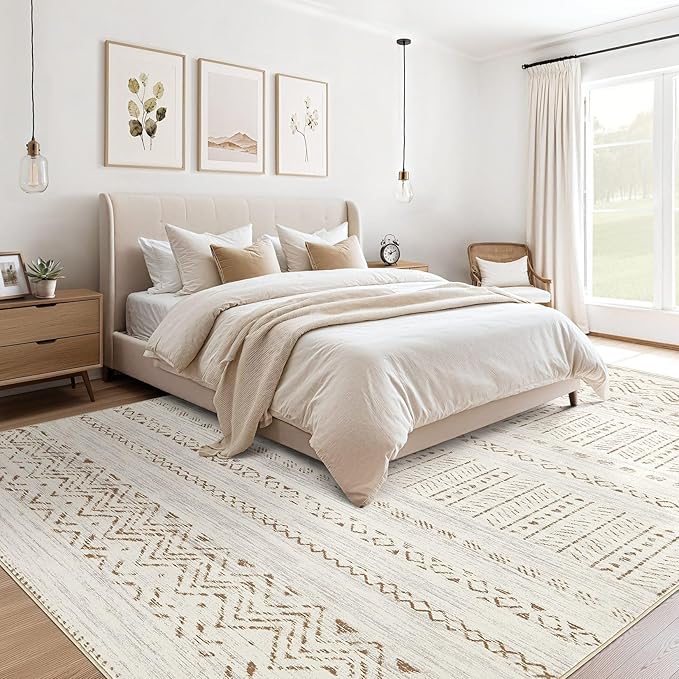 Area Rugs for Living Room Washable Living Room Rug Soft Neutral Indoor Floor Carpet Non-Slip Stain Resistant Modern Boho Rugs for Bedroom Dining Room Kids Room Nursery Office Home Brown/Cream