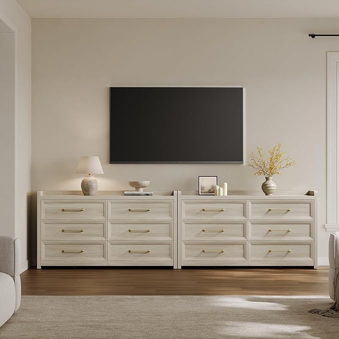 SICOTAS 6 Drawer Dresser for Bedroom-56.4" Extra-Wide Wooden Chest of Drawers with Large Storage, Long Dresser TV Stand with Drawers, Farmhouse Closet Dressers for Nursery Living Room, Grey White Oak
