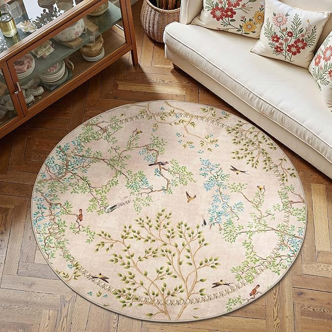 jinchan Yarden Round Rugs 6ft Beige Botanical Birds Print Machine Washable 6' Circle Nature Plants Modern Soft Non Slip Kids Throw Area Rugs Ultra Thin Low Pile Carpet for Living Room Bedroom