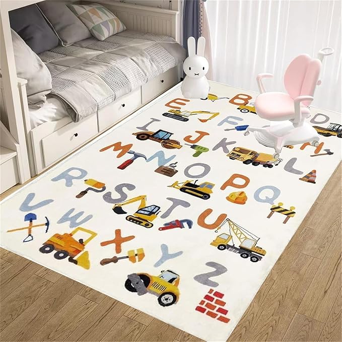 Kids Rug, Alphabet and Truck Carpet for Playroom 5x7 ABC Rugs for Boys Girls, Children's Educational Play Mat, Digger Play Rug for Bedroom, Non-Slip Area Rugs for Nursery