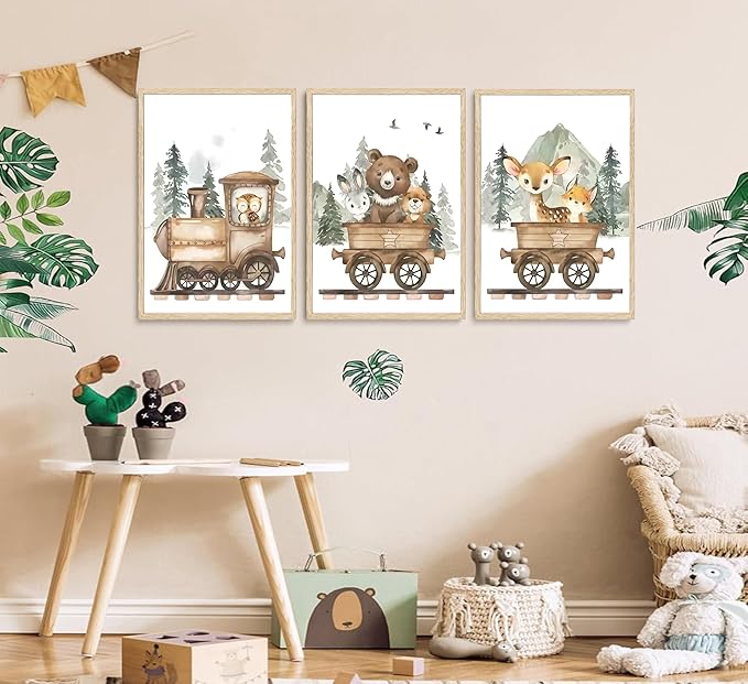 SZHUAAIC 3Pcs Woodland Animal Nursery Canvas Wall art Forest Wildlife Train Adventure Drawing Picture Wall Decor Fox Bear Deer Rabbit Owl Poster Printings for Boys Girls Room Home Decoration Unframed