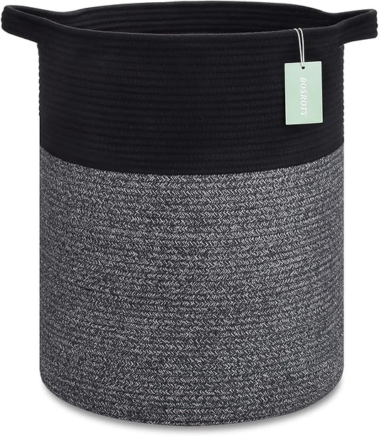 BOSROTY Large Laundry Hamper for Girls Boys Kids 72L, Nursery Hamper, Tall Laundry Basket, Cotton Rope Woven Blanket Basket for Storage Toys Clothes Towels, 16”x 22”, Black & Gray