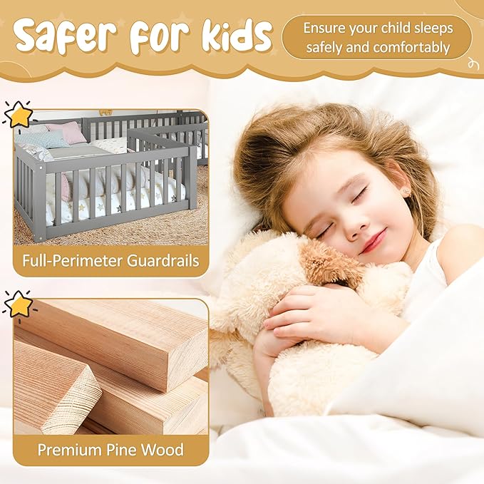 Harper & Bright Designs Twin Size House Shaped Double Floor Bed with Door and Full-Length Guardrails, Solid Wood Kids Montessori Floor Bed for Girls Boys, Multi-Function, Grey