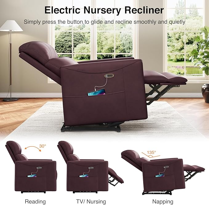 Adjustable Power Recliner Chair, Comfy PU Leather Electric Recliner Chair, Power Recliners with USB Port, Eco-Certified Small Recliners for Small Spaces Sofa Reclinable, Dark Purple