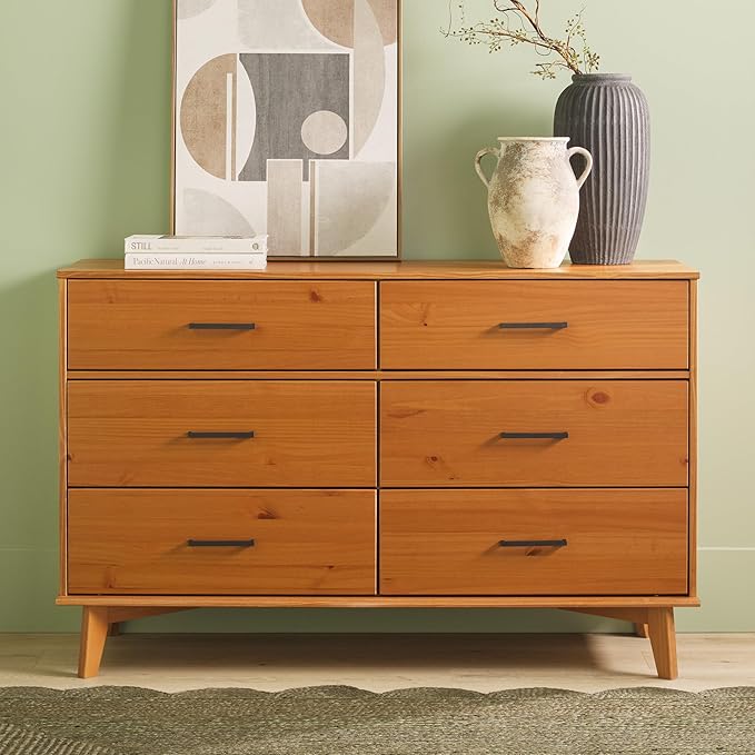 Walker Edison Sloane 6-Drawer Solid Wood Dresser with Metal Handles, 52 Inch, Caramel