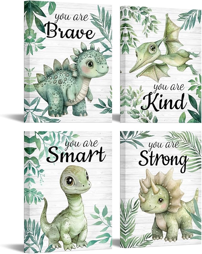Artmyharbor Woodland Nursery Decor Sage Green Wall Art for Bedroom 4 Piece Wall Art Dinosaur Print