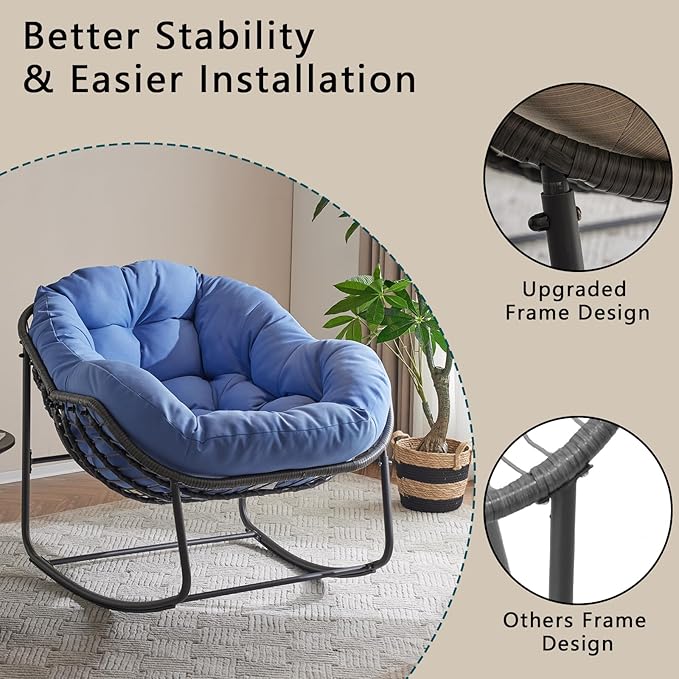 Oversized Outdoor Papasan Rocking Chair Set of 2 with Soft Cushion, Comfy Patio Egg Chair, Wicker Lounge Rocker for Balcony/Porch/Garden, Reinforced All Weather Rattan Frame, Royal Blue
