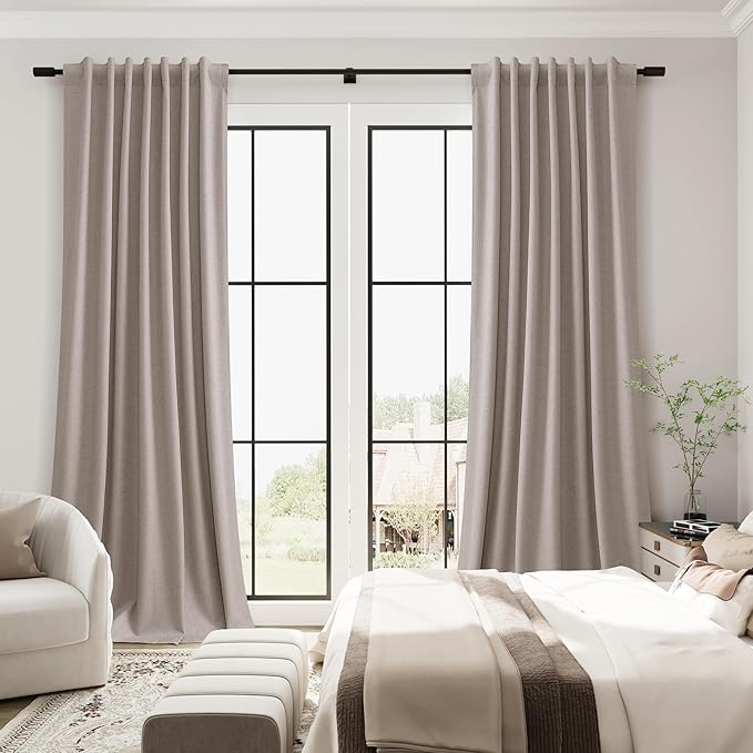 Guken Apricot Linen 100% Black Out Curtains for Bedroom 120 Inches Long 2 Panels Set Back Tab Elegant Textured Light Blocking Thermal Insulated Patio Curtains for Sliding Door Apricotbuff 52x120 10Ft