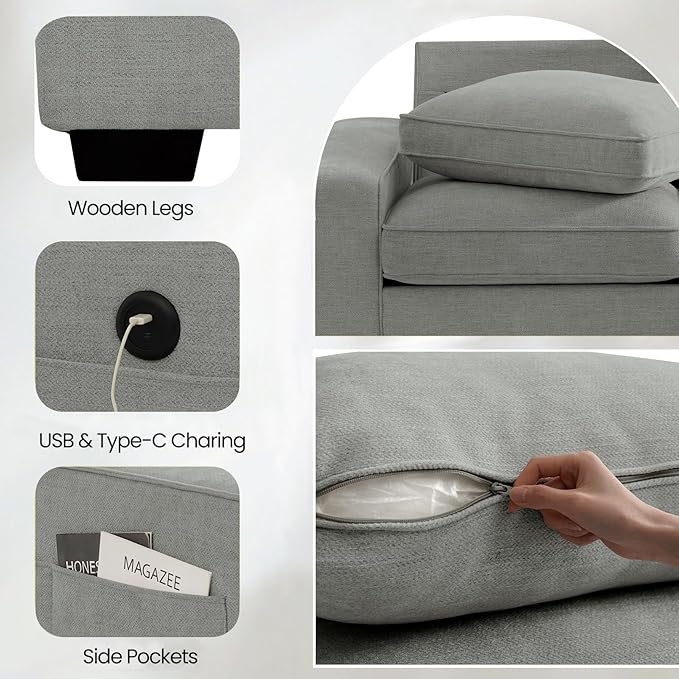 TEKAMON 100" Modular Sofa with Seats Storage, Comfy 3-Seater Chenille Fabric Couch for Living Room, Office, Apart W/Deep Seat, USB Charging, Upholstered Couch with Removable Cover(Light Grey)