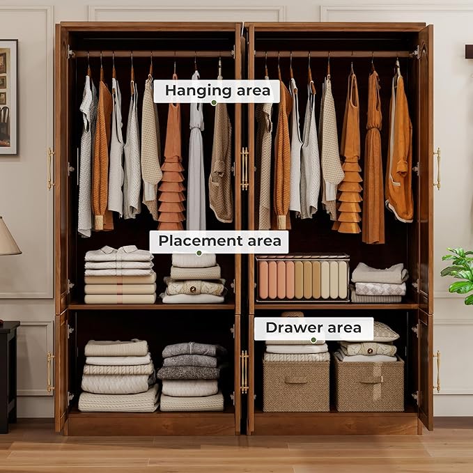 Solid Wood Wardrobe Closet:TemkTuek 70.87" Armoire,Clothing Storage Cabinet with 4 Doors,Shelves and Hanging Rails,Vintage Freestanding,Bedroom,Wood Grain Color(22-22)