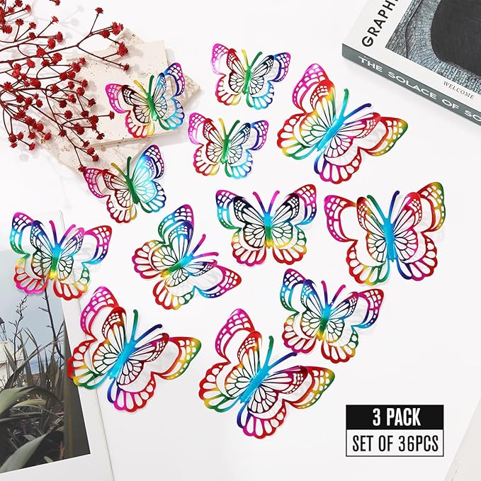 36PCS Butterfly Wall Decals - 3D Butterflies Wall Stickers Removable Mural Decor Wall Stickers Decals Home Decor Kids Room Bedroom Decor Living Room Decor (Rainbow)