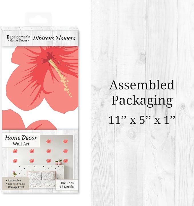 Decalcomania Hibiscus Flower Wall Decals - Set of 12 Pink Tropical Wall Stickers for Nursery Bedroom Bathroom Living Room Decor Removable Peel and Stick Indoor Wall Decor