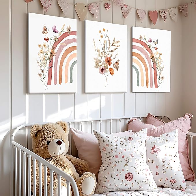 AKWISH Boho Rainbow Wall Art for Girls Room - Set of 3 Framed Wildflower Canvas Prints for Nursery, Baby Girl Room, Kids or Dorm Decor - Soft Pastel Botanical Bohemian Wall Decor 16x24in