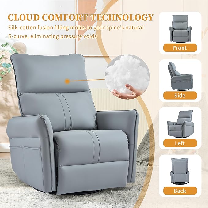 Glider Chair for Nursery, 360° Swivel Rocker Recliner with Side Pocket, Leather Manual Rocking Chair for Living Room, Bedroom, Small Spaces