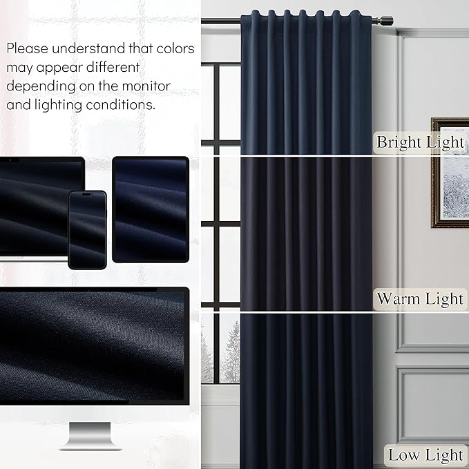Guken Navy Blue 100% Blackout Linen Curtains for Living Room 63 Inches Long 2 Panel Sets Elegant Textured Back Tab Hook Belt Room Darkening Thermal Insulated Soundproof Bedroom Sliding Door 52x63