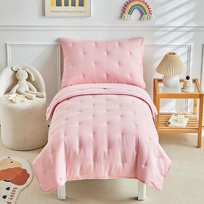 DuShow 4 Piece Toddler Bedding Set for Girls,Embroidery Crib Bed Comforter Set,Includes Toddler Bed Comforter,Fitted Sheet,Flat Sheet and Envelope Pillowcase,Soft Toddler Bed Sheet Set-Pink