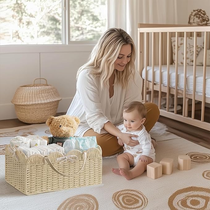HBlife Baby Diaper Caddy, Paper Rope Storage Baskets Nursery Bin with Removable Divider, Portable Car Organizer for Diapers, Baby Shower Gifts, Newborn Essentials Must Haves