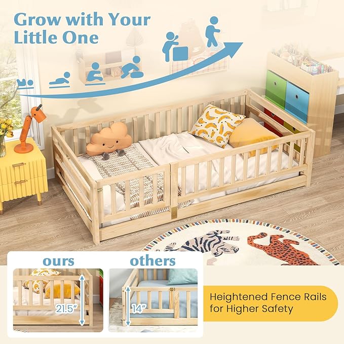 Giantex Twin Floor Bed with High Fence & Door, Montessori Floor Bed with 21.5" Safety Guardrails, Solid Wood Twin Beds Frame for Kids Girls, Boys, Without Slats, Natural