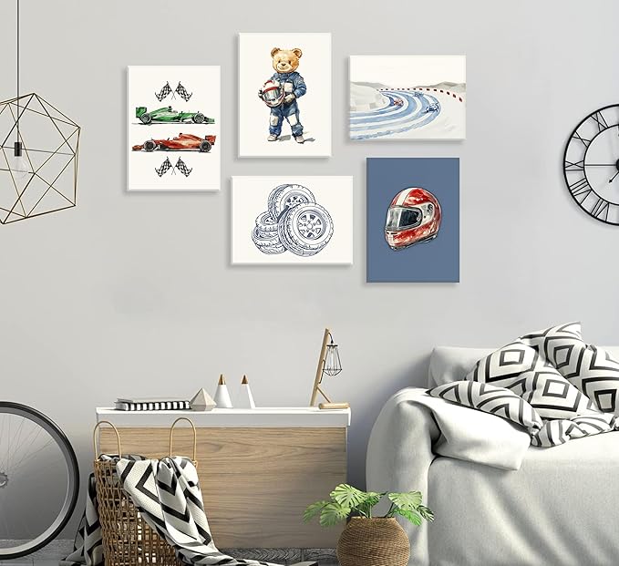 Vintage Racing Car Nursery Wall Art Teddy Bear Pictures Wall Decor Boy Navy Blue Vehicle Posters Retro Sport Painting Canvas Print Artwork for Kids Boy Room Playroom, Framed