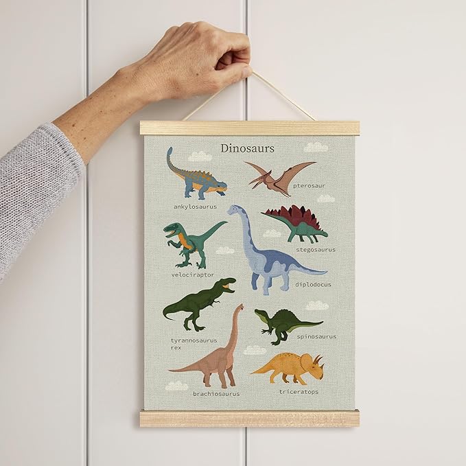 BCUANGD Dinosaurs Dino Wall Decor - Toddler Baby Boys Room Wall Art Poster Hanger with Wood Frames, Inspirational Animals Wall Hanging Canvas Decor for Kids Room Nursery Bedroom, 12x16 Inches