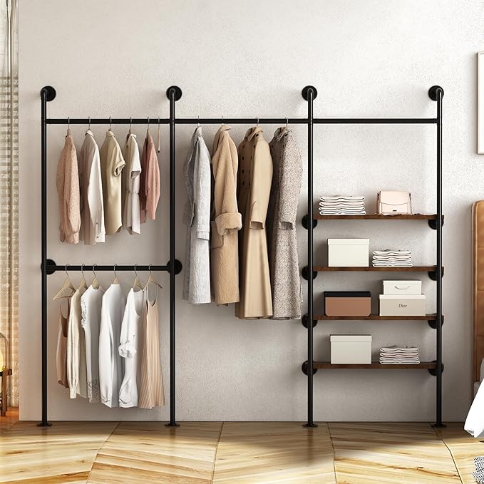 Industrial Pipe Clothing Rack,Wall Mounted Clothies Rack with Shelves, Heavy Duty Closet Organizers Wardrobe Multi-Purpose Storage Clothes Hanging Shelf-94.5''L Black