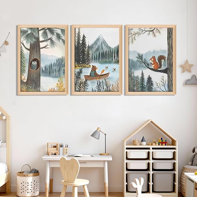Framed Cute Animals Wall Art Set of 3, Woodland Bear Canoe Adventure Nursery Decor, Owl Squirrel Kids Room Pictures Prints, Wild Animals Canvas Wall Decor for Baby Room Decor – 16x24 inch